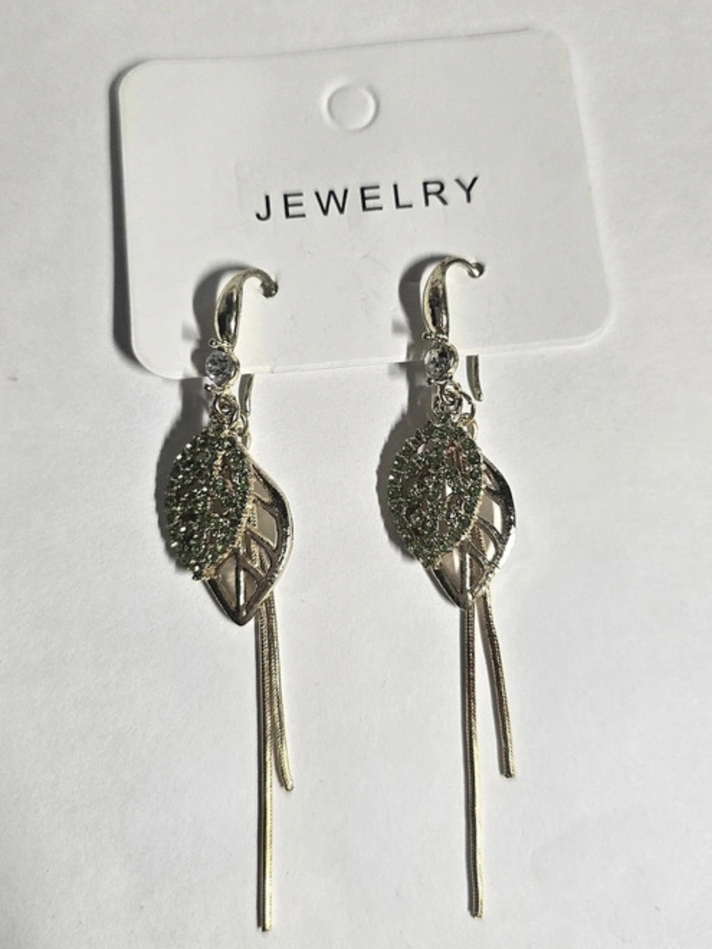 Gold Tone Green Rhinestone Leaf Dangle Earrings Long Tassel Drop Fashion Jewelry